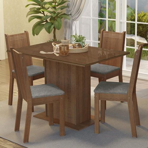 Conjunto Sala De Jantar Mesa Tampo De Vidro 4 Cadeiras Rustic Silver Camélia Madesa
