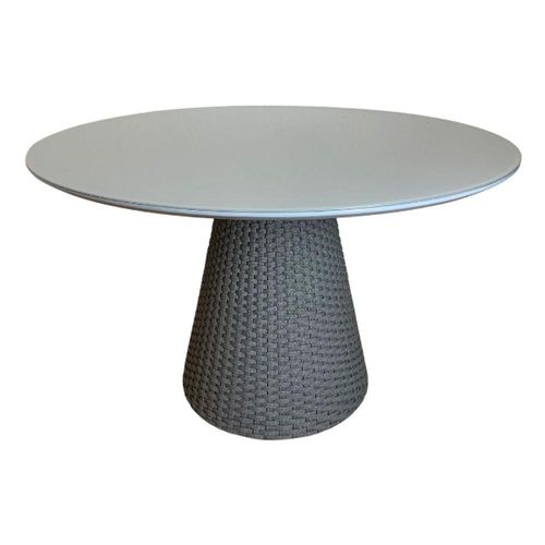 Mesa De Jantar Cone Redonda 110cm Tampo Laqueado Cinza + Vidro Base Corda Náutica Cinza