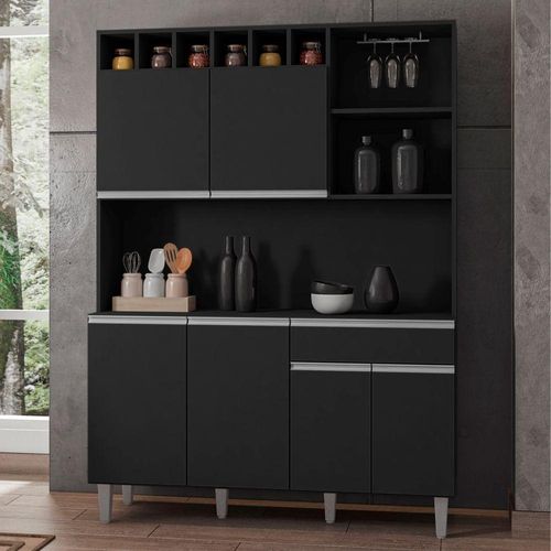 Armário de Cozinha Completo Delara 6 Portas 1 Gaveta 130CM Preto AJL Móveis