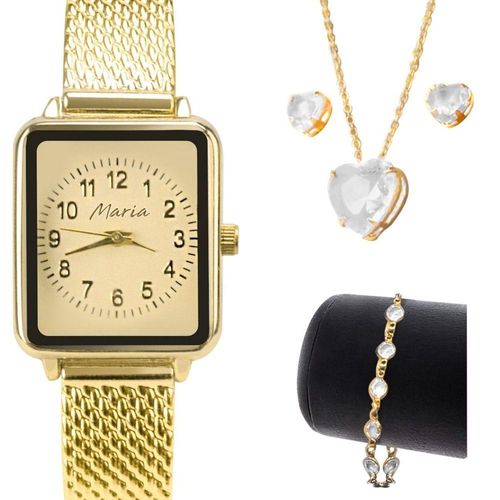 Relogio Feminino Banhado + Colar Brincos + Pulseira Moda Original Silicone Social Analogico Quadrado