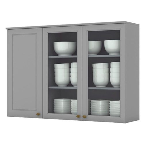 Armario Aereo 3 Portas Vidro Mdf 120 Cm Americana C363 Cinza Henn Cinza