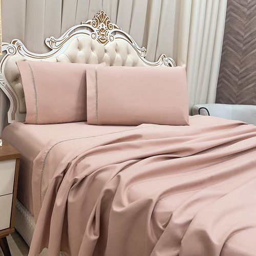 Jogo de Cama Lençol King Realce Percal 400 Fios 3 Peças - Rosê