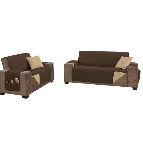Protetor De Sofá Impermeável Dupla Face Padrão 2 E 3 Lugares Microfibra - Cáqui/tabaco