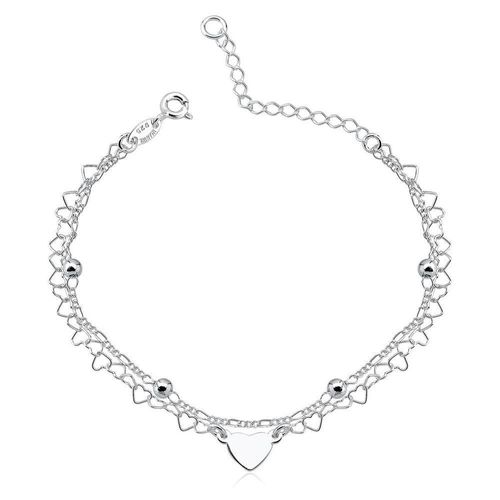 Pulseira Dupla Bolas 3mm E Corações Prata 925