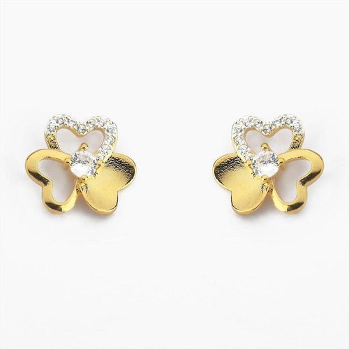 Brinco Flor Com Duas Pétalas Vazadas E Detalhe Em Zircônia Banhado A Ouro 18k