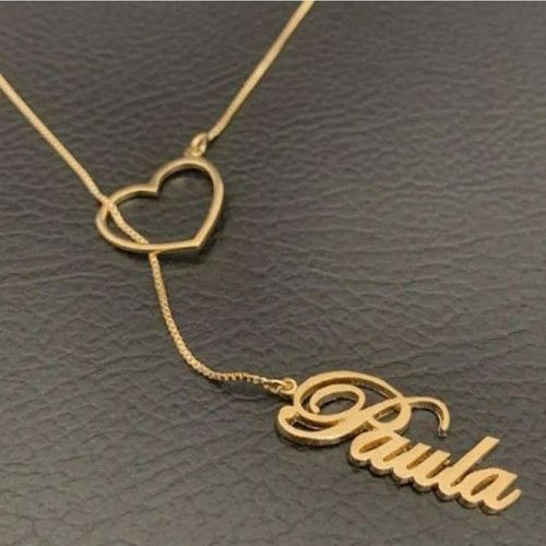 Gargantilha Gravatinha Nome Personalizado Coração Banhada A Ouro