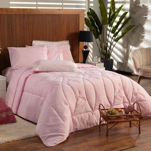 Kit Edredom Liso Casal Padrão 03pçs Percal 200 Fios Rosa