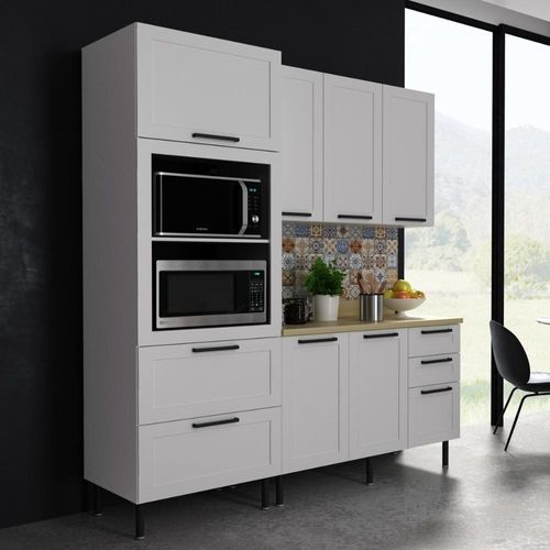 Cozinha Compacta Mdf 3 Peças Com Armário Paneleiro E Balcão Com Tampo Multimóveis Cr20454 Branco/carvalho Tropical