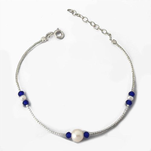 Pulseira Delicada Com Cristais Azuis E Pérolas Sintéticas