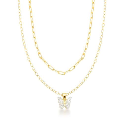 Colar Duplo Borbleta Corrente Elos Banhado A Ouro 18k