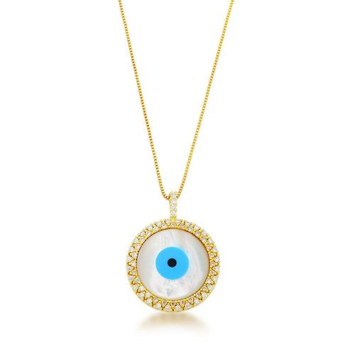 Colar Olho Grego Redondo Madreperola Banhado A Ouro 18k