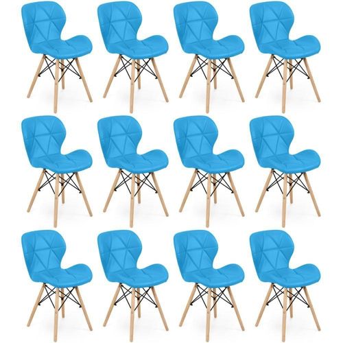 Kit 12 Cadeiras De Jantar Charles Eames Slim Wood Estofada - Azul