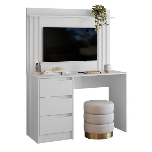 Escrivaninha Com Painel Doble Ripado 120cm 3 Gavetas Branco