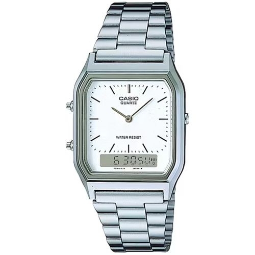 Relógio Casio Unisex Retangular Vintage Prateado e Bracoo AQ-230A-7DMQ
