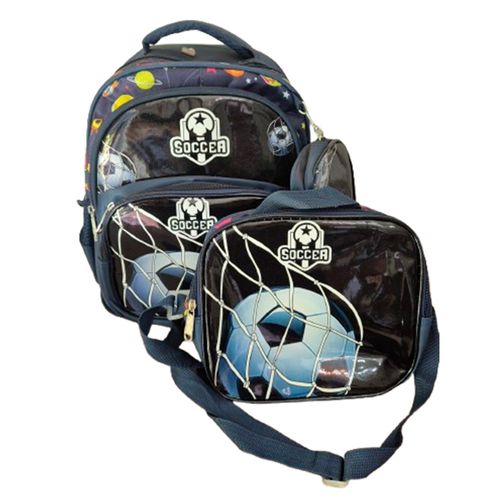 Kit Mochila Lancheira e estojo Soccer 3 zíperes Azul e preto