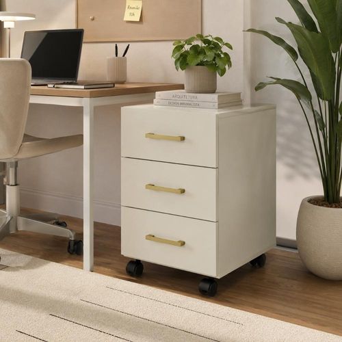 Gaveteiro Escritório Off White com Gold Moderno 3 Gavetas MDF com Rodízios Pradel Móveis
