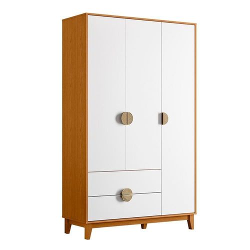 Guarda Roupa Ipê 3 Portas 2 Gavetas Com Pés Madeira Maciça Cinamomo/Branco