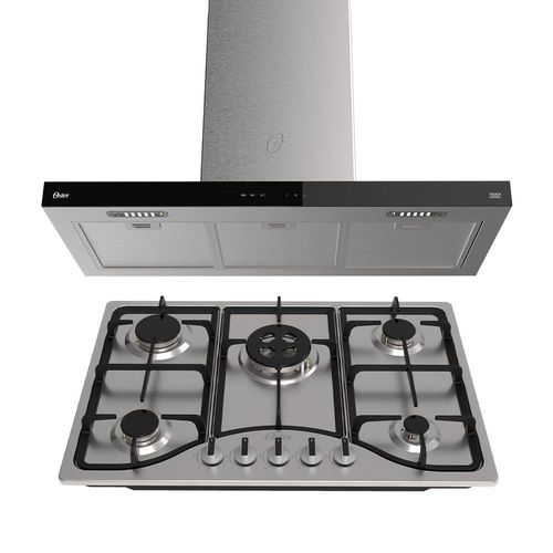 Kit Inox Cooktop A Gás 5 Bocas E Coifa De Ilha 90 Cm Oster 110V