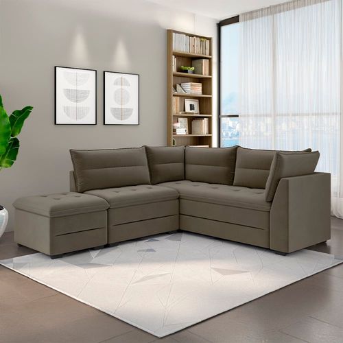 Sofá Modular de Canto 4 Lugares Luizzi Quebec com Pufe e Revestimento em Suede – 408cm de Largura