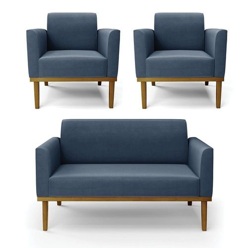 Sofá Namoradeira Com 2 Poltronas Base De Madeira Fixa Castanho Marisa Suede Azul Marinho D03 - D?rossi