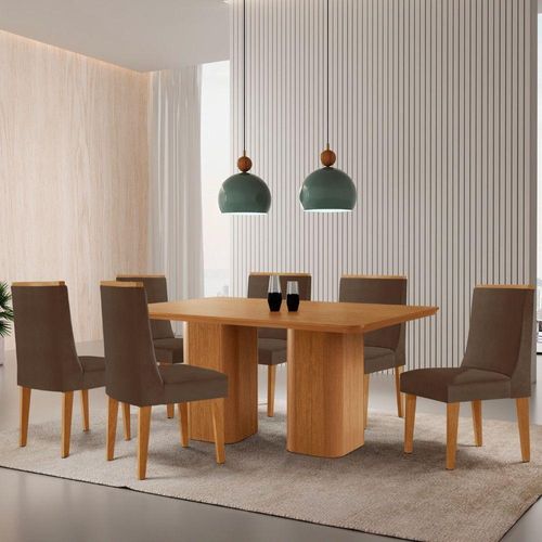 Mesa De Jantar Eloise 180cm Tampo Mdf 6 Cadeiras Lisboa Veludo Marrom/naturalle