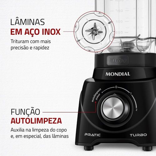Liquidificador Mondial L-98-B Pratic Turbo com 2 Velocidades e Função Pulsar 550W - Preto