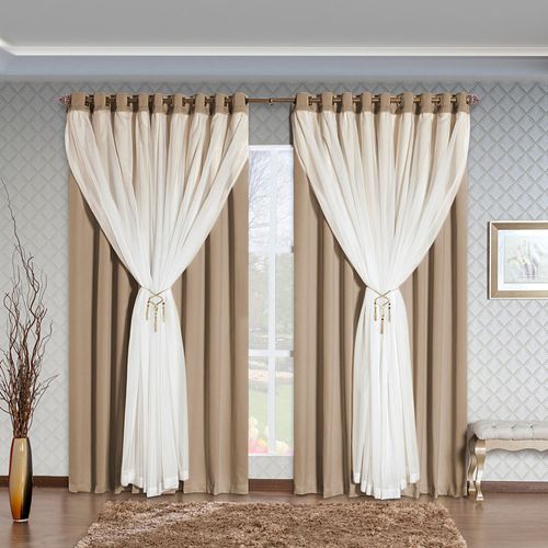 Cortina Arezzo 2,00m x 1,70m Varão Simples Tecido Blackout Com Voal Clássica Janela - Chocolate