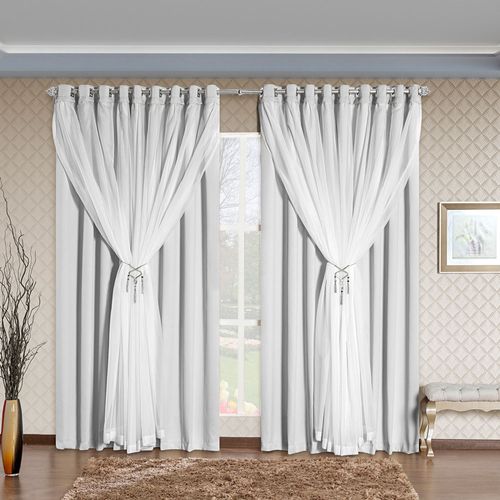 Cortina Arezzo 2,00m x 1,70m Varão Simples Tecido Blackout Com Voal Clássica Janela - Gelo