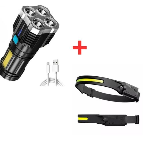 Kit Lanterna Potente Alto Brilho + Lanterna Led De Cabeça Recarregável Preto