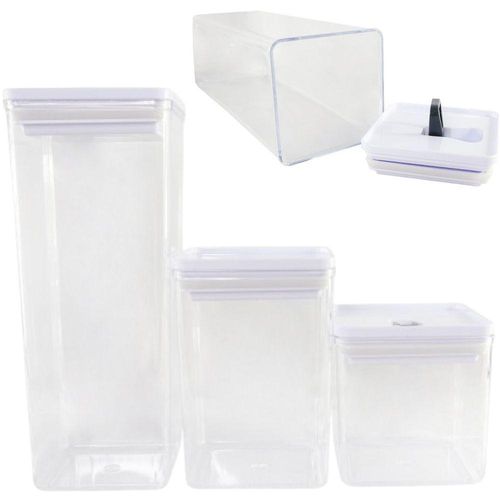 Kt 3 Peças Organizador Hermético Cozinha Transparente Armazena Alimentos Grãos Cereais Resistente Tampa Branca Com Trava