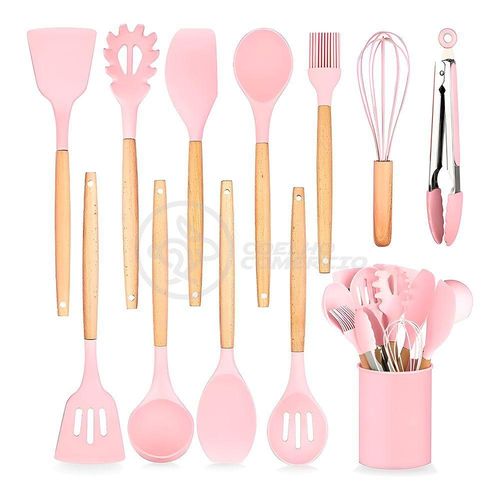 Kit 12 Peças Jogo De Cozinha De Silicone Resistente A Altas Temperaturas Utensílios - Rosa