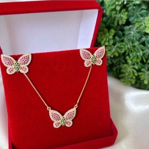Conjunto Colar +brinco Borboleta Em Banho De Ouro 18k