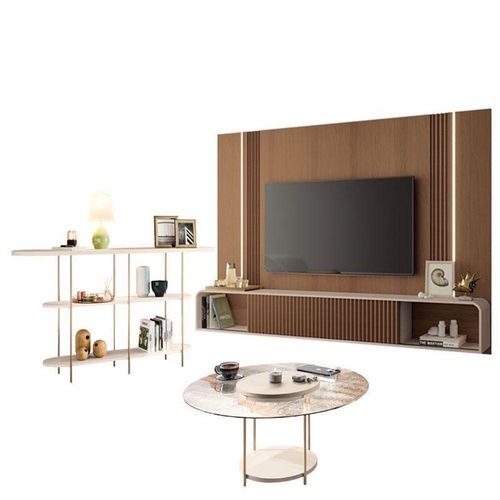 Home Suspenso Empire Castanho Off White E Aparador Infinity E Mesa De Centro Sky Com Tampo De Vidro Off White- Hb Móveis