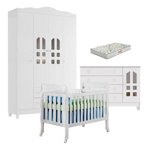 Quarto De Bebê New Selena 4 Portas Com Berço Lila E Cômoda Gran Selena Branco Brilho E Colchão Gazin – Carolina Móveis