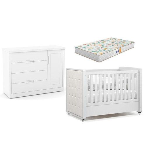 Berço Americano Com Capitonê New Boucle E Cômoda Infantil Tutto New Branco Acetinado E Colchão Gazin - Matic