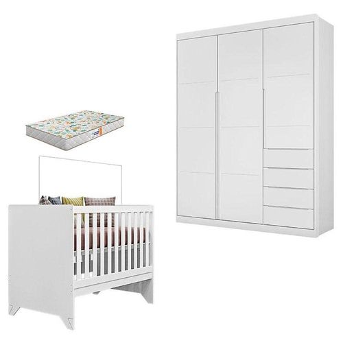 Berço Americano Maya E Guarda Roupa Infantil Blenda Branco Acetinado Com Colchão Gazin - Phoenix Baby