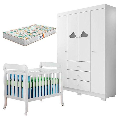 Berço Americano Lila E Guarda Roupa Infantil Ane Branco Brilho Com Colchão Gazin – Phoenix Baby