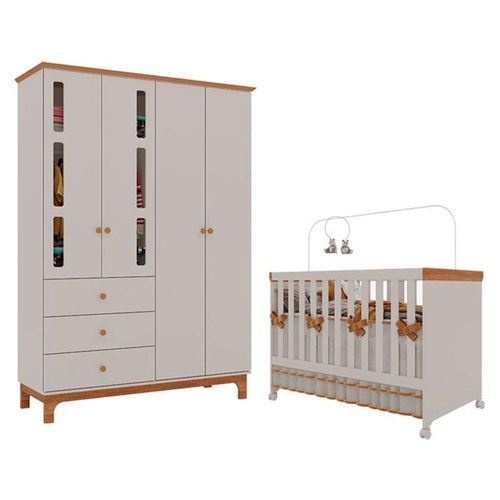 Berço Americano Mini Cama Com Guarda Roupa Infantil Antonella 4 Portas Off White Caramelo - Canaã