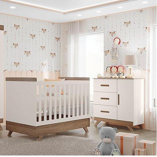 Berço Americano Vitória E Cômoda Infantil Retro Maya Ambiente Off White Carvalho – Canaã