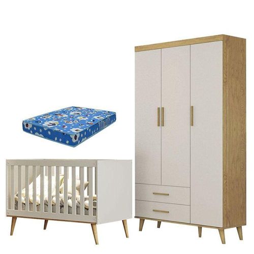 Berço Americano E Guarda Roupa Infantil Ludmila Off White Bétula Com Colchão Ortobom - Carolina Baby