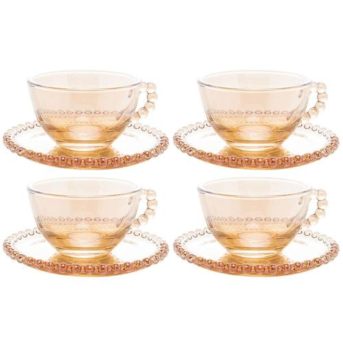 Conjunto com 4 Xícaras e Pires para Chá Wolff Pearl em Cristal Âmbar - 180 ml