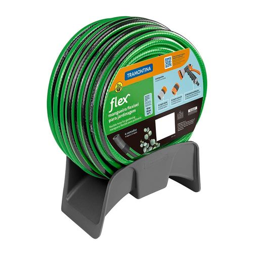 Mangueira Tramontina Flex para Jardim Verde com Faixa Preta em PVC 4 Camadas, Engate Rápido, Engate Rosqueado, Hidropistola e Suporte – 15 Metros
