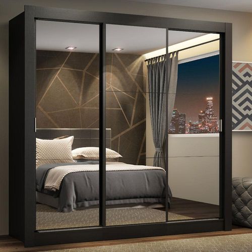 Guarda Roupa Casal Madesa Lyon Plus 3 Portas de Correr de Espelho 4 Gavetas