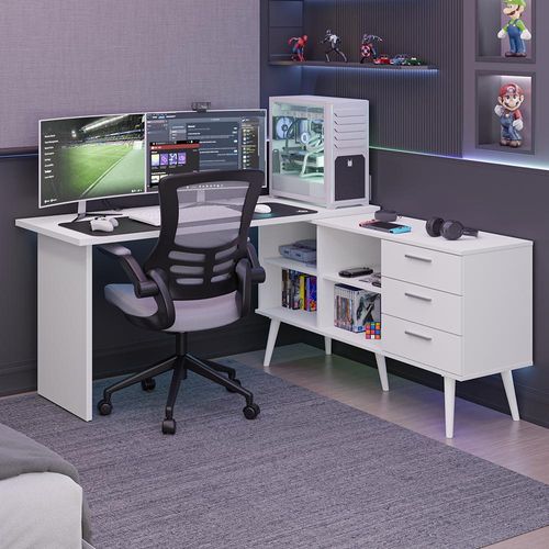 Mesa para Computador Gamer em L 3 Gavetas Branco Lisboa Madesa