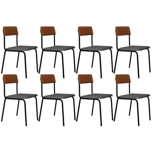 Kit 08 Cadeiras Estofada Para Sala de Jantar Sense Preto C01 Linho Cinza Claro Courino Caramelo - Lyam Decor