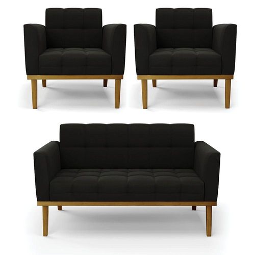Namoradeira Com 2 Poltronas Base De Madeira Castanho Elisa Suede D03 - D\'rossi Cor Preto