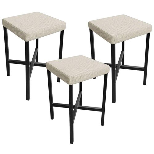 Kit 03 Banquetas Baixa Bar Cozinha Sala De Jantar Preto Stella L02 Linho Champagne - Lyam Decor