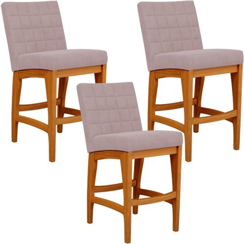 Kit 03 Banquetas Baixa Para Cozinha Bancada Bar Sala Jantar Fixa Mila L02 Suede Rosê - Lyam Decor