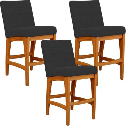 Kit 03 Banquetas Baixa Para Cozinha Bancada Bar Sala Jantar Fixa Mila L02 Suede Preto - Lyam Decor