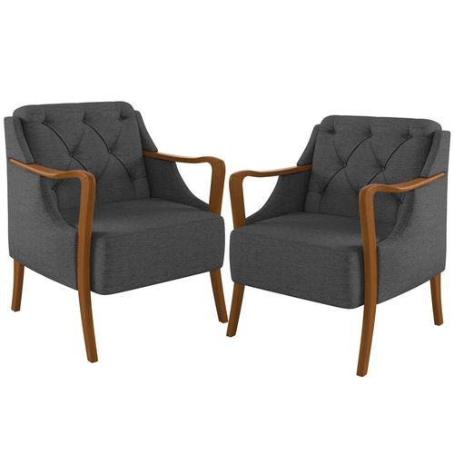 Kit 02 Poltronas Para Sala De Estar Decorativas Base Fixa Coral M03 Linho Chumbo - Lyam Decor